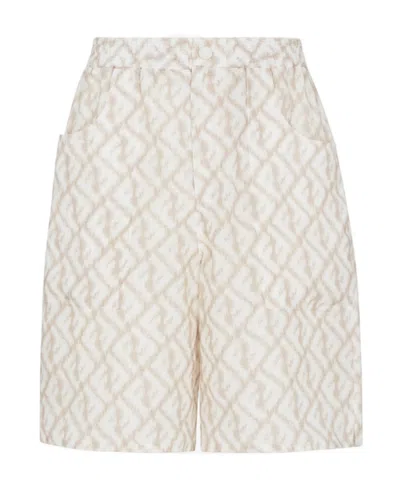 Fendi Ff-print Linen Bermuda Shorts In White