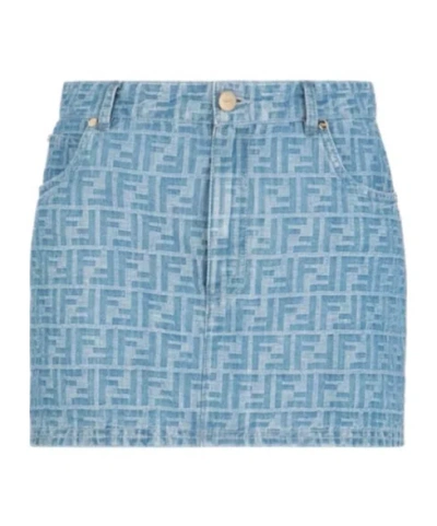 FENDI FF PRINTED DENIM SKIRT