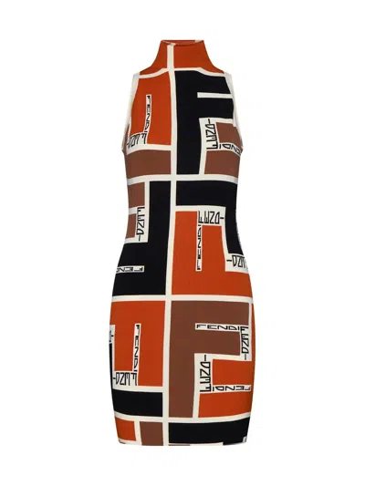 FENDI FENDI FF PRINTED HIGH NECK SLEEVELESS MINI DRESS