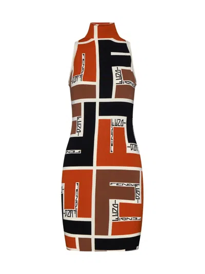 Fendi Ff Printed High Neck Sleeveless Mini Dress In Orange