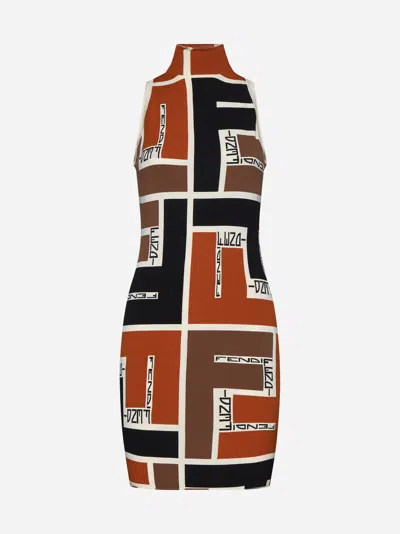 Fendi Ff Puzzle Viscose-blend Dress In Orange,ash