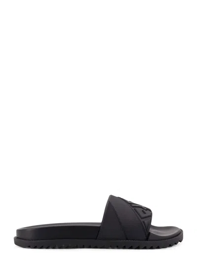 Fendi Rubber Slides With High Strap And Embossed Ff Motif Shoes In Black