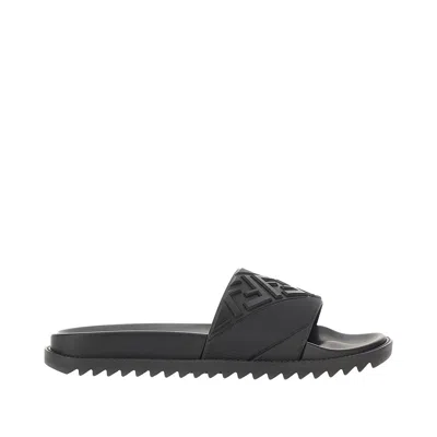 Fendi Rubber Slides With High Strap And Embossed Ff Motif Shoes In Black