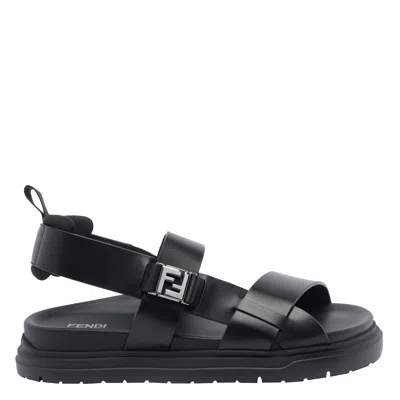 Fendi Ff Leather Sandals In Black