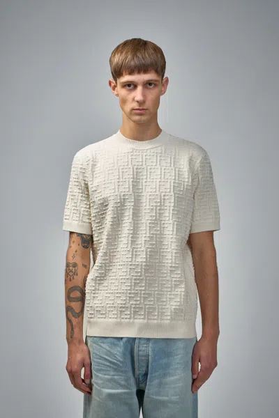 Fendi Men White Crewneck T-shirt With All-over Ff Logo Embroidery In Cotton Man In Neutral