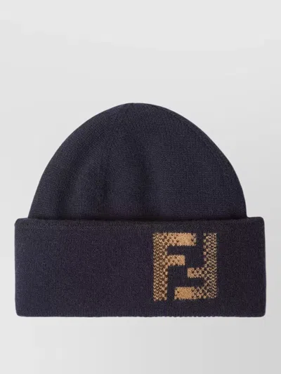 Fendi Ff Sfumata Beanie Hat Ribbed Knit Cuff In Brown