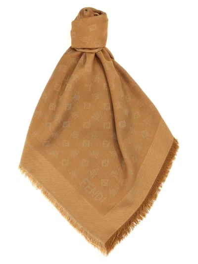 Fendi Monogram Square Shawl Fringed Edges In Brown