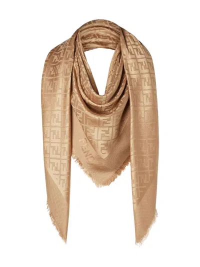 Fendi Ff Silk And Wool Scarf In Brown