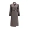 Fendi Silk Chess Ff Long Sleeve Midi Dress Dresses Brown In Brown