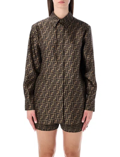 Fendi Ff Silk Jacquard Oversized Shirt In Brown