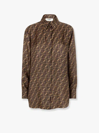 Fendi Silk Shirt With Curved Hem And Fabric-covered Buttons In Brown