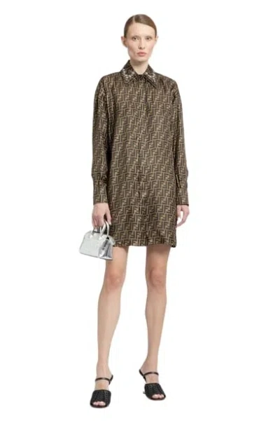 Fendi Ff Silk Shirt Dress In Brown