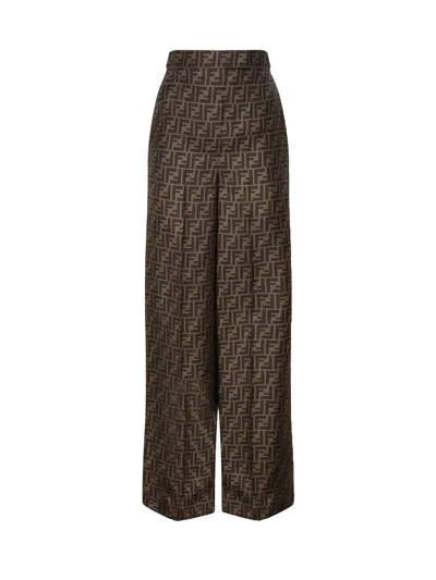 Fendi Ff Silk Trousers In Brown