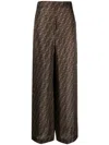 Fendi Ff-monogram Pleated Silk Trousers In Brown