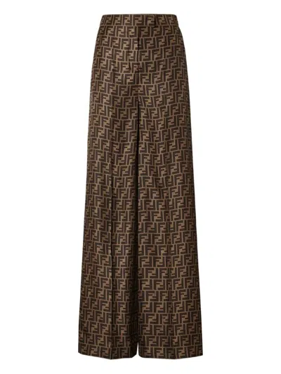 Fendi Ff Silk Twill Wide Leg Trousers Clothing In Brown