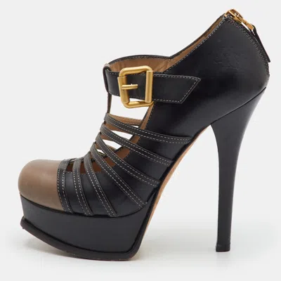 Pre-owned Fendi Ff Size 36 Black/grey Leather Strappy Platform Pumps