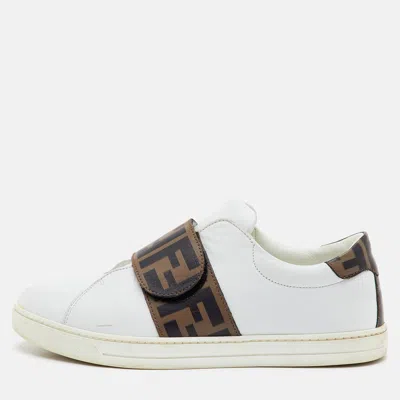 Pre-owned Fendi Ff Size 36 White/brown Zucca Leather Slip On Sneakers