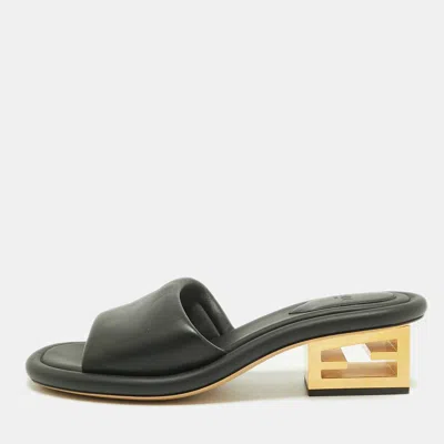 Pre-owned Fendi Ff Size 37 Black Leather Slide Sandals