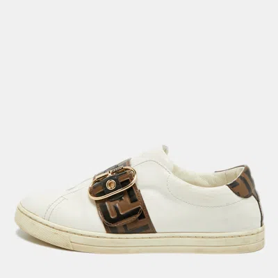 Pre-owned Fendi Ff Size 37 White/brown Canvas And Leather Low Top Sneakers