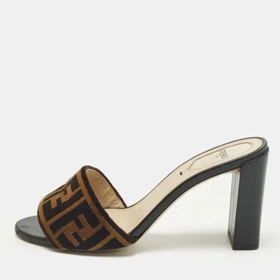 Pre-owned Fendi Ff Size 37.5 Brown Leather And Velvet Ff Logo Slide Sandals