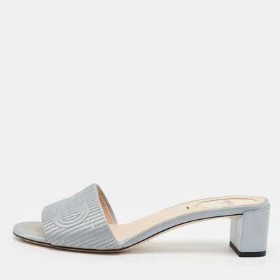 Pre-owned Fendi Ff Size 37.5 Grey Satin Logo Embroidered Block Heel Slide Sandals