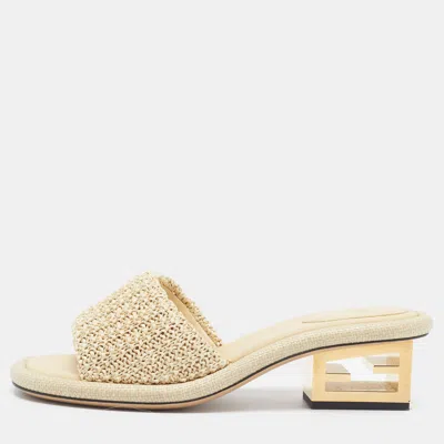 Pre-owned Fendi Ff Size 38.5 Beige Straw Slide Sandals