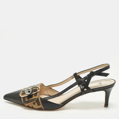 Pre-owned Fendi Ff Size 41 Black Leather Slingback Pumps