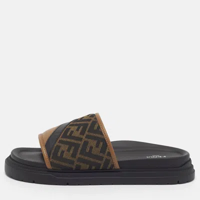 Pre-owned Fendi Ff Size 43 Brown Canvas And Leather Logo Detail Slide Sandals