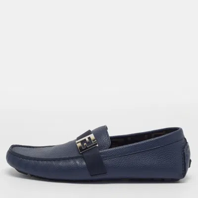 Pre-owned Fendi Ff Size 43 Navy Blue Leather Driver Loafers