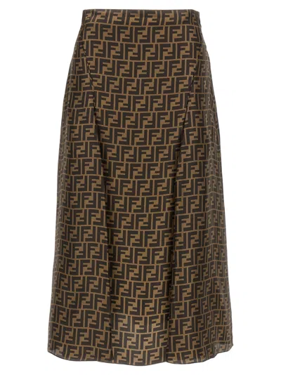 Fendi Women Embroidered Silk Skirt In Brown