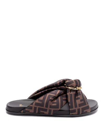 Fendi Feel Slides With Double-band And D-ring Buckle In Brown