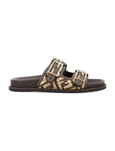 Fendi Slide Sandals With Patterned Woven Upper In Brown