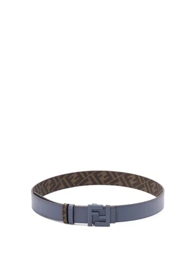 Fendi Ff Slim Calf Leather Belt With Design In Blue