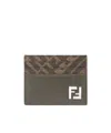 Fendi Brown Card-holder With Squared Ff Motif In Leather And Ff Canvas Man In Green