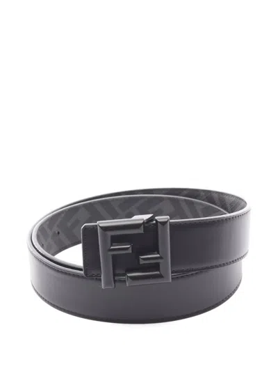 Pre-owned Fendi Ff Square Reversible Leather Belt In Black