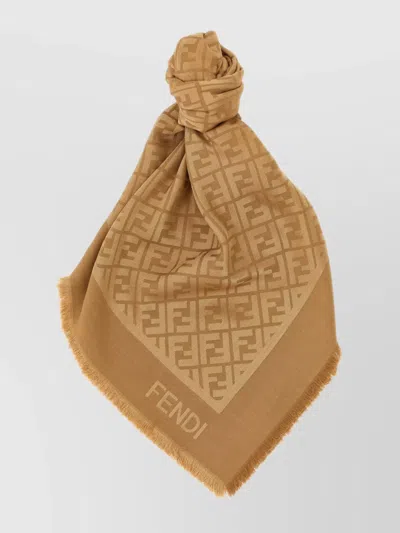 Fendi Ff Square Shawl Fringed Edges In Brown