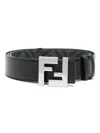 Fendi Cintura Reversibile In Pelle Nera E Tela Ff Nera In Black