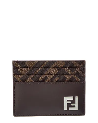 Fendi Ff Squared Canvas & Leather Card Case In Brown