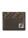 Fendi Brown Card-holder With Squared Ff Motif In Leather And Ff Canvas Man In Brown
