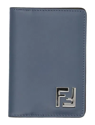 Fendi Ff Squared Card Holder With Textured Design In Gray