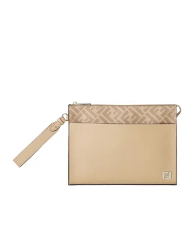 FENDI BEIGE LEATHER AND FF CANVAS POUCH