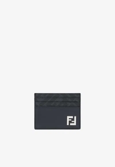 Fendi Ff Squared Leather And Canvas Cardholder In Blue
