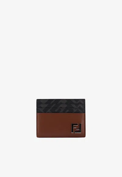 Fendi Ff Squared Leather And Canvas Cardholder In Brown