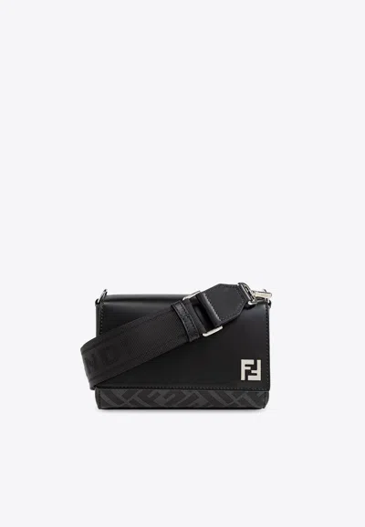 Fendi Ff Squared Leather And Canvas Messenger Bag In Black