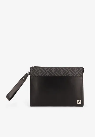 Fendi Ff Squared Leather And Canvas Pouch Bag In Black