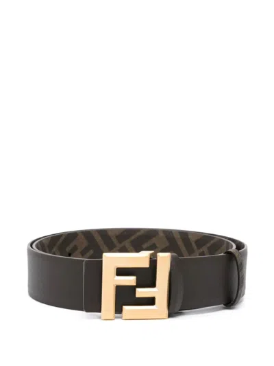 Fendi Ff Squared Leather And Canvas Reversible Belt Accessories In Brown
