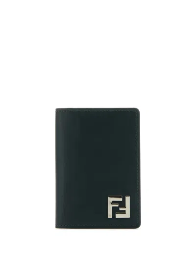Fendi Ff Squared Leather Bi-fold Card Holder In Green