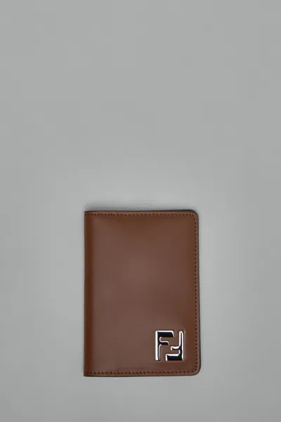 Fendi Ff Squared Leather Card Case In Brown