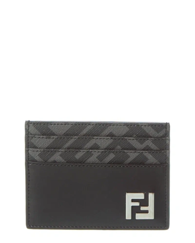 Fendi Ff Squared Leather Card Holder In Gray