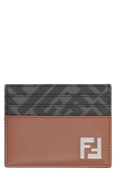 Fendi Ff Squared Leather Card Holder In Metallic